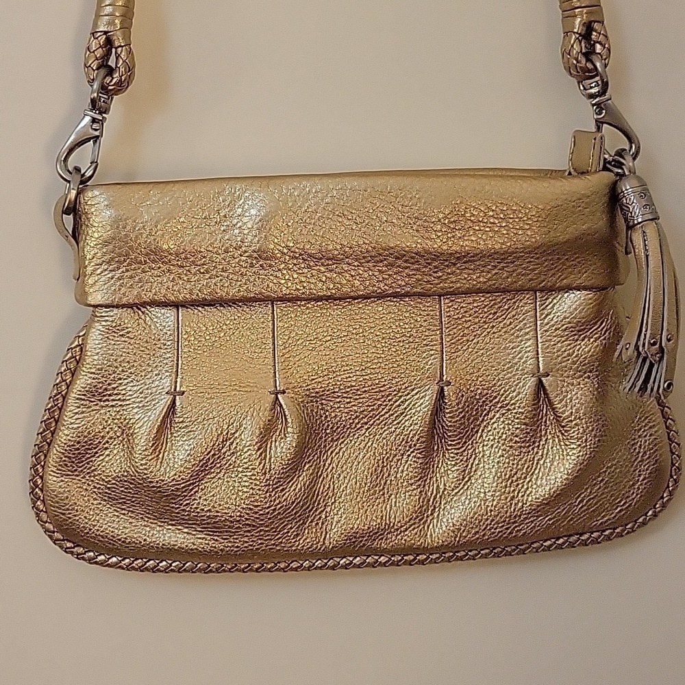 VTG COLE HAAN 1990s Gold Metallic Pebble Lambskin Braided Tassel Evening Bag - Picture 3 of 11